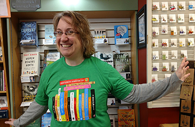 Jen in an Independent Bookstore Day t-shirt