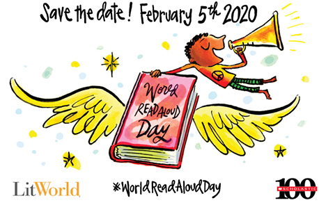 Ssave the date! February 5th 2020: World Read Aloud Day illustration, LitWorld, and Scholoastic 100 logos