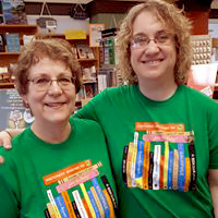 Sally and Jen wearing 2019 Independent Bookstore t-shirts