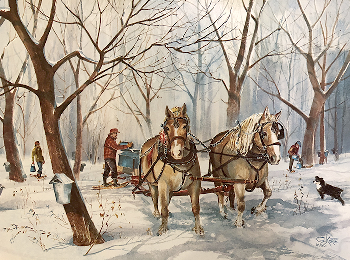 Painting of sap harvesting including horses pulling sled over snow